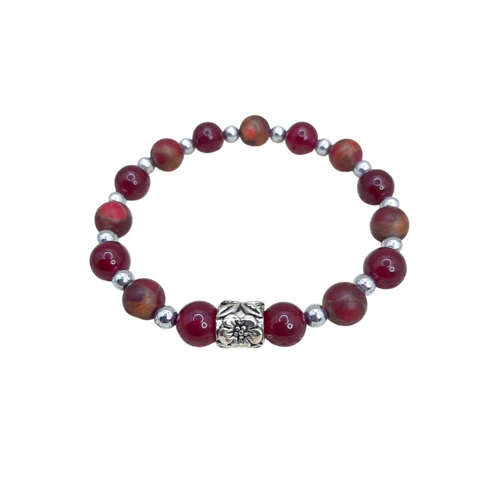 Artisan Apple Jasper Bracelet Natural Beaded Stretch Tibetan Silver Spacer NEW